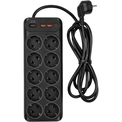 Сетевой фильтр-удлинитель/ PowerCom SP-10 USB2A1CB 1.8M, 10 розеток, черный, 16А, 4кВт, 204Дж, защитные шторки, защита от КЗ, перегрузки и импульсных помех, один порт USB-C(PD20W) и два USB-A(QC3.0) суммарной мощностью 15Вт, кабель 3x1 мм2, ШхГхВ 268х105х