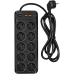 Сетевой фильтр-удлинитель/ PowerCom SP-10 USB2A1CB 1.8M, 10 розеток, черный, 16А, 4кВт, 204Дж, защитные шторки, защита от КЗ, перегрузки и импульсных помех, один порт USB-C(PD20W) и два USB-A(QC3.0) суммарной мощностью 15Вт, кабель 3x1 мм2, ШхГхВ 268х105х