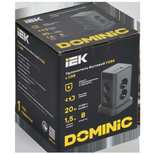 Удлинитель/ DOMINIC Удлинитель У08K 8 мест 2P+PE 1,5м 3х1,0мм2 16А/250В USB A+C 20Вт черный IEK Удлинитель/ DOMINIC Удлинитель У08K 8 мест 2P+PE 1,5м 3х1,0мм2 16А/250В USB A+C 20Вт черный IEK