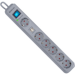 Сетевой фильтр Defender DFS 501 2,0м, 2 USB-порта, 6 розеток/ Surge Protector Defender DFS 501 2,0м, 2 USB-ports, 6 outlets