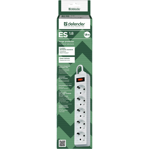 Сетевой фильтр Defender ES 1.8 1,8 м, белый, 5 розеток/ Surge Protector Defender ES 1.8 1,8m, white, 5 outlets