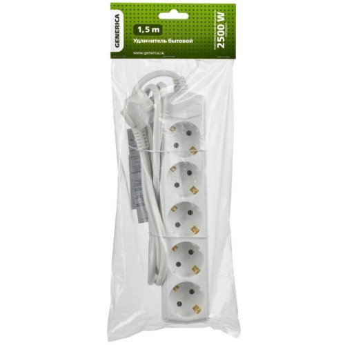 Сетевой удлинитель IEK У05 1.5м (5 розеток) белый (пакет ПЭ)