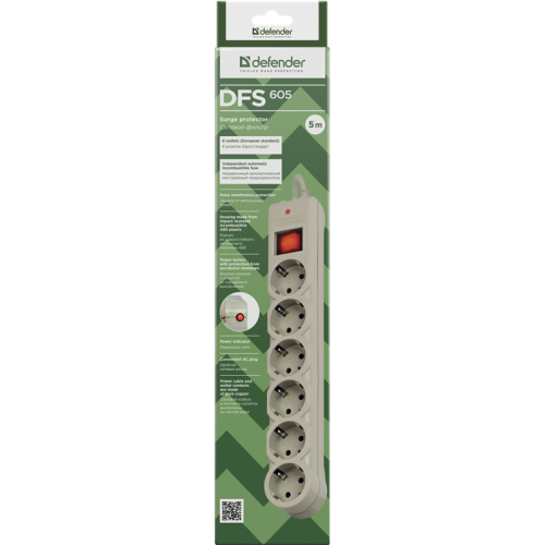 Сетевой фильтр Defender DFS 605 5 м, 6 розеток/ Surge Protector Defender DFS 605 5m, 6 outlets