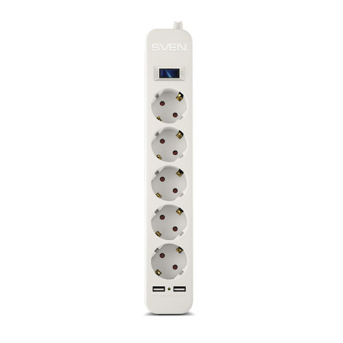 Фильтр SVEN SF-05LU 1,8 м (5 евро розеток,2 USB) белый, цветная коробка/ Surge protector SVEN SF-05LU 1,8 м (5 евро розеток,2 USB) белый, цветная коробка