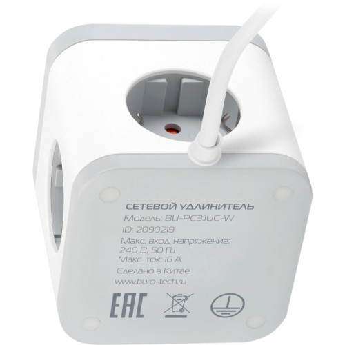 Сетевой удлинитель Buro BU-PC3.1UС-W 1.5м (3 розетки) белый (пакет ПЭ)