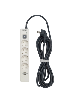 Сетевой фильтр-удлинитель/ PowerCom SP-01 USB2A1CW 3.0M, 4 розетки, белый, 16А, 4кВт, 380Дж, защитные шторки, защита от КЗ, перегрузки, ВЧ и импульсных помех, один порт USB-C(PD20W) и два USB-A(QC3.0) суммарной мощностью 24Вт, кабель 3x1.5 мм2, ШхГхВ 281х