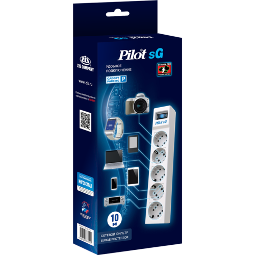 Сетевой фильтр/ Surge protector Pilot SG5 5 outlets (GP), 10A / 2.2kVt, automatic circuit-breaker, 10 m