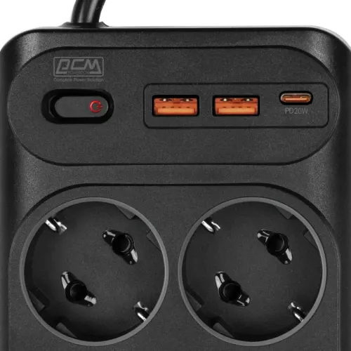 Сетевой фильтр-удлинитель/ PowerCom SP-10 USB2A1CB 1.8M, 10 розеток, черный, 16А, 4кВт, 204Дж, защитные шторки, защита от КЗ, перегрузки и импульсных помех, один порт USB-C(PD20W) и два USB-A(QC3.0) суммарной мощностью 15Вт, кабель 3x1 мм2, ШхГхВ 268х105х