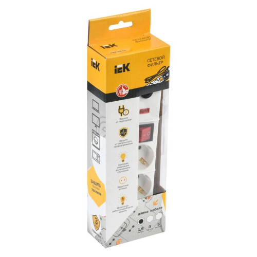 Сетевой фильтр IEK СФ-03К 1.5м (3 розетки) белый (коробка)