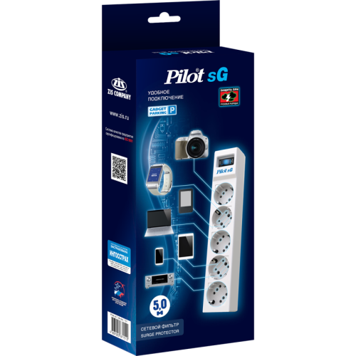 Сетевой фильтр/ Surge protector Pilot SG5 5 outlets (GP), 10A / 2.2kVt, automatic circuit-breaker, 5 m