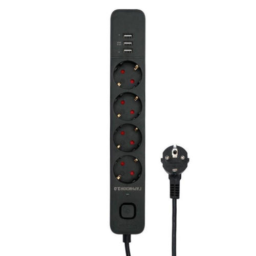 Сетевой фильтр Гарнизон EPS-4-U3-B-2 черный, 4 розетки 220В, 10А, 3 розетки USB-A 5В, кабель 2м, ур.защиты 2+, пакет