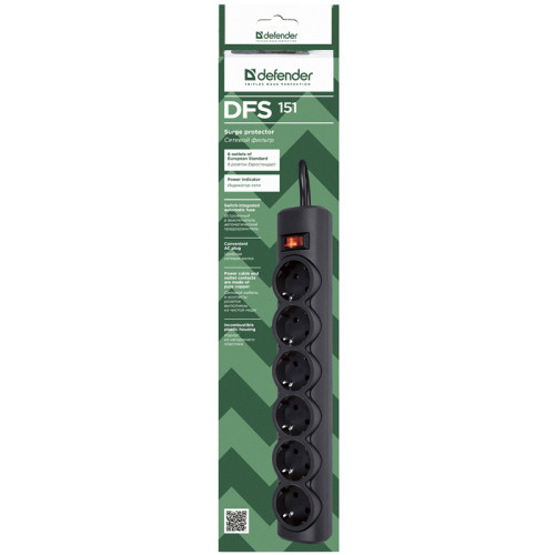 Сетевой фильтр Defender DFS 151 1,8 м, черный, 6 розеток/ Surge Protector Defender DFS 151 1,8m, black, 6 outlets Сетевой фильтр Defender DFS 151 1,8 м, черный, 6 розеток/ Surge Protector Defender DFS 151 1,8m, black, 6 outlets