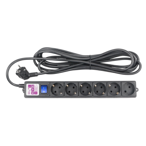 Фильтр-удлинитель Power Cube 5,0 м  6 розеток (5 евро + 1 б/заземления), кабель 3*1.5мм (черный) 16А/3,5кВт/ Power Cube Extension Filter 5.0 m 6 sockets (5 euro + 1 w/o grounding), cable 3*1.5 mm (black) 16A/3.5 kW