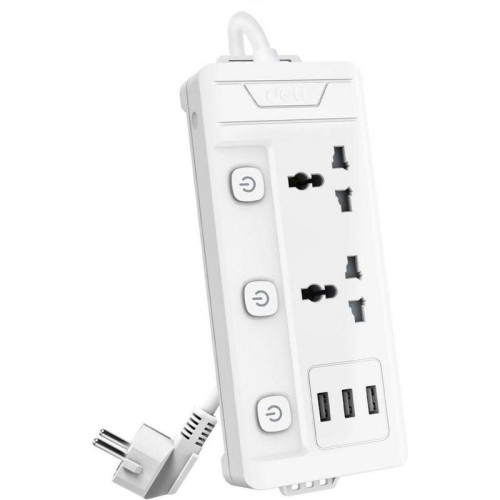 Сетевой  фильтр универсальный Deli ET409 / 2розетки + 3USB ,  2 м