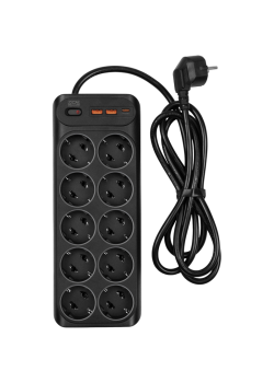 Сетевой фильтр-удлинитель/ PowerCom SP-10 USB2A1CB 1.8M, 10 розеток, черный, 16А, 4кВт, 204Дж, защитные шторки, защита от КЗ, перегрузки и импульсных помех, один порт USB-C(PD20W) и два USB-A(QC3.0) суммарной мощностью 15Вт, кабель 3x1 мм2, ШхГхВ 268х105х