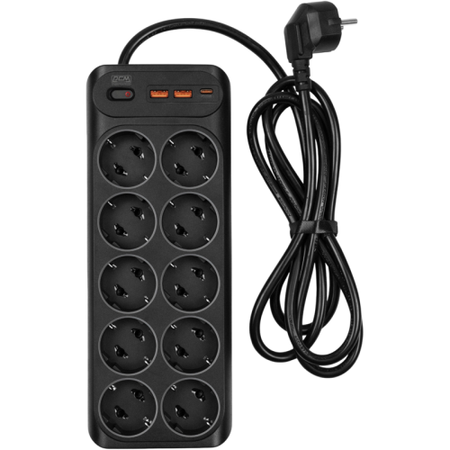 Сетевой фильтр-удлинитель/ PowerCom SP-10 USB2A1CB 1.8M, 10 розеток, черный, 16А, 4кВт, 204Дж, защитные шторки, защита от КЗ, перегрузки и импульсных помех, один порт USB-C(PD20W) и два USB-A(QC3.0) суммарной мощностью 15Вт, кабель 3x1 мм2, ШхГхВ 268х105х