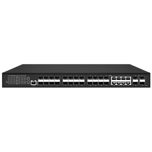 Управляемый L3 коммутатор Gigabit Ethernet на 16xGE SFP + 8xGE Combo (RJ45 + SFP) + 4x10G SFP+ Uplink. Порты: 16 x GE SFP (1000Base-X) + 8 x GE Combo Port (RJ45 + SFP) + 4 x 10G SFP+ Uplink, Консольный порт, Уровень управления L3 (Full managed), Поддержка