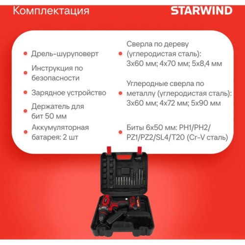 Дрель-шуруповерт Starwind CD20-2.0/2.0hS1 40Вт аккум. патрон:быстрозажимной (кейс в комплекте)