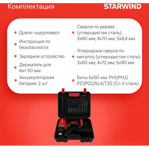 Дрель-шуруповерт Starwind CDB20-2.0/2hs1 40Вт аккум. патрон:быстрозажимной (кейс в комплекте)