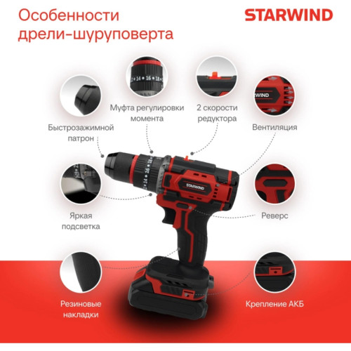Дрель-шуруповерт Starwind CD20-2.0/2.0hS1 40Вт аккум. патрон:быстрозажимной (кейс в комплекте)