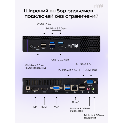 Мини ПК/ HIPER FACTUM FT20  Intel Core i5 14400(2.5Ghz)/16384Mb/512PCISSDGb/noDVD/BT/WiFi/war 1y/1.3kg/черный/Win11Pro + БП 120Вт/металл/VESA Адаптер на 75х75, 100х100