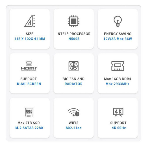 Мини-компьютер Beelink MINI S, CPU: Intel® Celeron® N5095 Processor , 4C/4T , GPU : Intel® UHD Graphics , 8GB DDR4 RAM  128GB SSD , Wi-Fi 5 ; Bluetooth 5.0; LAN 1000M