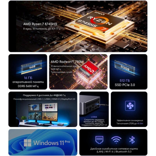 Неттоп Acer Gadget E10 ERBox Ryzen 7 8745HS (3.8) 16Gb SSD512Gb 780M Windows 11 Pro 2xGbitEth WiFi BT 120W черный (1747236)