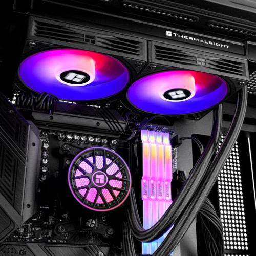 Система жидкостного охлаждения/ Water Cooling System Thermalright Aqua Elite 240 V6 (240mm, Black, ARGB/ Fans: 2x120mm, 70.84CFM, 29.8dBA, 2000RPM/ Pump height 53.5mm, 2800RPM, Rad thickness 27mm/ S: 1700, 1200, 1851, 115X, AM5, AM4)
