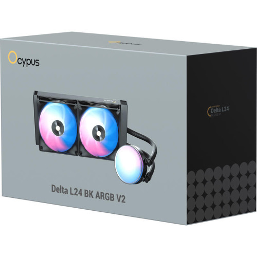 Система жидкостного охлаждения/ Water Cooling System Ocypus Delta L24 BK ARGB V2 (280W, 240mm, Black, ARGB, Fans: 2x120mm, 73CFM, 2000RPM/ Pump height 60mm, 27dBA, 2650RPM, Rad thickness 27mm/ S: 1851, 1700, 1200, 115X, AM5, AM4) Система жидкостного охлаждения/ Water Cooling System Ocypus Delta L24 BK ARGB V2 (280W, 240mm, Black, ARGB, Fans: 2x120mm, 73CFM, 2000RPM/ Pump height 60mm, 27dBA, 2650RPM, Rad thickness 27mm/ S: 1851, 1700, 1200, 115X, AM5, AM4)