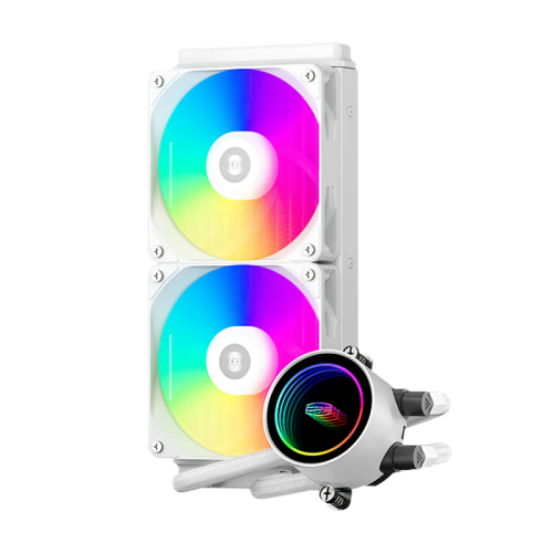 Система охлаждения/ PCCooler DA240 ARGB WH (270W, 240mm, White, ARGB/ Fans: 2x120mm, 73.6CFM, -dBA, 1800RPM/ Pump height 55mm, -dBA, 3000RPM, Rad thickness 27mm/ S: 1851, 1700, 1200, 20XX, 115X, AM5, AM4)