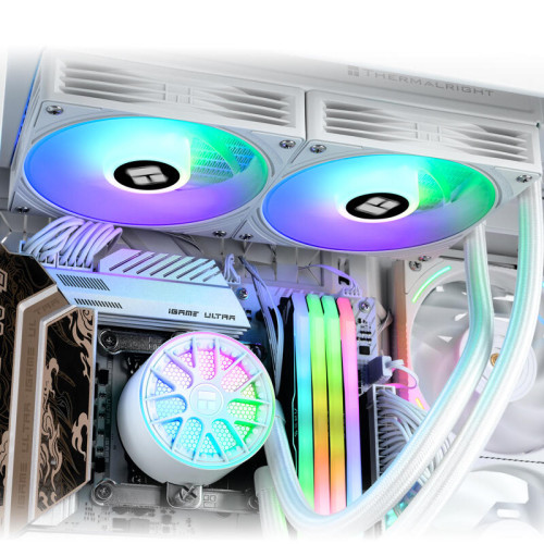 Система жидкостного охлаждения/ Water Cooling System Thermalright Aqua Elite 240 V6 (240mm, White, ARGB/ Fans: 2x120mm, 70.84CFM, 29.8dBA, 2000RPM/ Pump height 53.5mm, 2800RPM, Rad thickness 27mm/ S: 1700, 1200, 1851, 115X, AM5, AM4)
