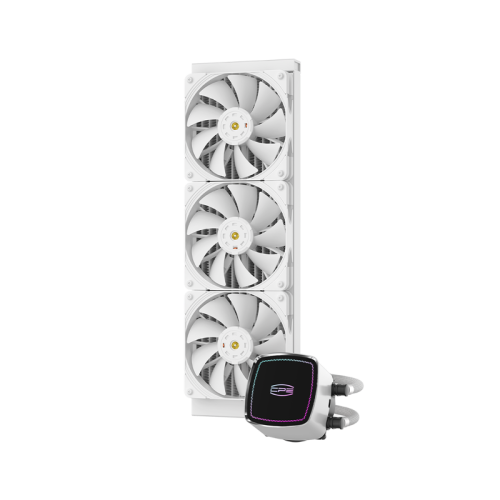 Система охлаждения/ Water Cooling System PCCooler DE360 WH (310W, 360mm, White, ARGB Pump/ Fans: 3x120mm, 71.86CFM, 33.8dBA, 1850RPM/ Pump height 55mm, 28dBA, 3200RPM, Rad thickness 27mm/ S: 1851, 1700, 1200, 20XX, 115X, AM5, AM4)
