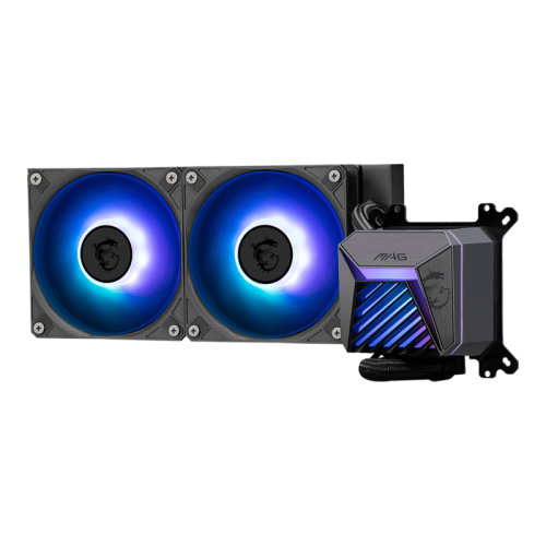 Система жидкостного охлаждения/ Water Cooling System MSI MAG CORELIQUID A15 240 (240W, 240mm, Black, ARGB/ Fans: 2x120mm, 64.89CFM, 28.7dBA, 2050RPM/ Pump 20dBA, 3400RPM, Rad thickness 27mm/ S: 1851, 1700, AM5, AM4)