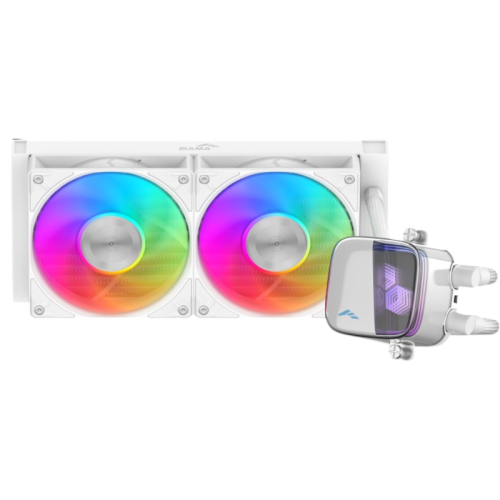 Водяное охлаждение для процессора/ Water Cooling System SAMA L70 240WH (290W, 240mm, White, ARGB/ Fans: 2x120mm, 72.3CFM, 28dBA, 2200RPM/ Pump height 66mm, 3000RPM, Rad thickness 27mm/ S: 1851, 1700, 1200, 115X, AM5, AM4)
