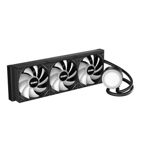 Водяное охлаждение для процессора/ Water Cooling System SAMA L60 Black (360mm, Black, ARGB/ Fans: 3x120mm, 82.79CFM, 29dBA, 2000RPM/ Pump height 52mm, 29dBA, 2500RPM, Rad thickness 27mm/ S: 1851, 1700, 1200, 20XX, 115X, AM5, AM4)