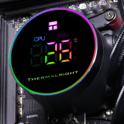 Система жидкостного охлаждения/ Water Cooling System Thermalright Frozen Magic 360 Digital V2 (360mm, LED temp., Black, ARGB/ Fans: 3x120mm, 68.9CFM, 28.2dBA, 2000RPM/ Pump height 54.4mm, Rad thickness 27mm/ S: 1700, 1200, 1851, 115X, AM5, AM4)