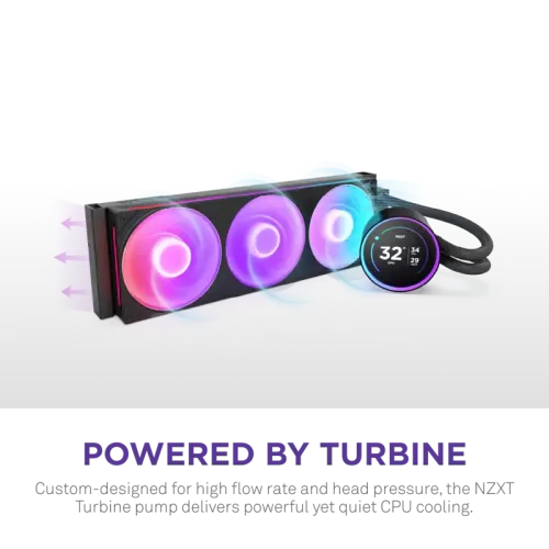 Система жидкостного охлаждения для ПК/ Water Cooling System NZXT Kraken Elite 420 RGB (350W, 420mm, LED temp., Black/ Fans: 3x140mm, 98.61CFM, 34.5dBA, 2000RPM/ Pump height 65mm, 2800RPM, Rad thickness 27mm/ S: 1851, 1700, 1200, 115X, AM5, AM4)