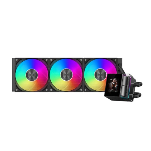 Система охлаждения/ Water Cooling System PCCooler DS360 ARGB Display BK (310W, 360mm, LED, Black, ARGB/ Fans: 3x120mm, 90.56CFM, 39.8dBA, 2500RPM/ Pump height 65mm, 15dBA, 2600RPM, Rad thickness 27mm/ S: 1851, 1700, 1200, 115X, AM5, AM4)