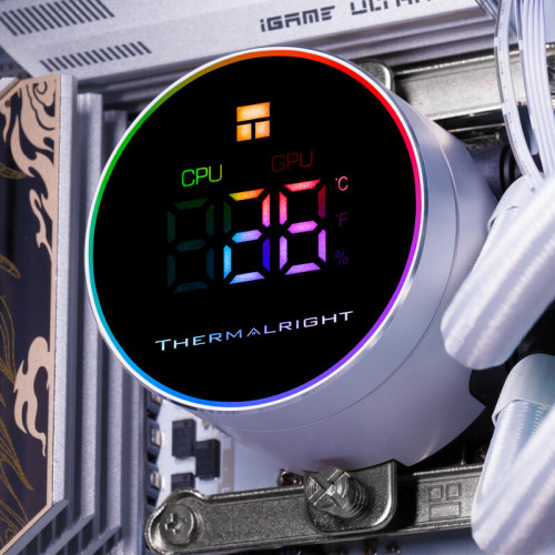 Система жидкостного охлаждения/ Water Cooling System Thermalright Frozen Magic 360 Digital V2 (360mm, LED temp., White, ARGB/ Fans: 3x120mm, 68.9CFM, 28.2dBA, 2000RPM/ Pump height 54.4mm, Rad thickness 27mm/ S: 1700, 1200, 1851, 115X, AM5, AM4)