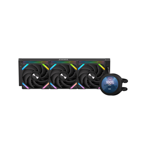 Водяное охлаждение для процессора/ Water Cooling System SAMA Q70 Black (360mm, LED temp., Black, ARGB/ Fans: 3x120mm, 86CFM, 30dBA, 2600RPM/ Pump height 64mm, 30dBA, 2800RPM, Rad thickness 27mm/ S: 1851, 1700, 1200, 20XX, 115X, AM5, AM4)