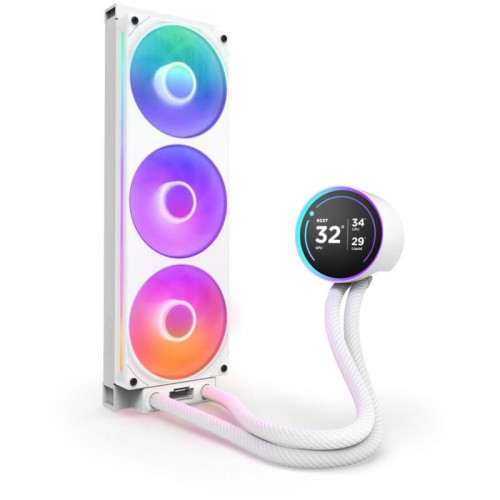 Система жидкостного охлаждения для ПК/ Water Cooling System NZXT Kraken Elite 360 RGB (270W, 360mm, LED temp., White, RGB/ Fans: 1xF360 RGB Core Fan, 75.12CFM, 30dBA, 2400RPM/ Pump height 65mm, 2800RPM, Rad thickness 27mm/ S: 1851, 1700, 1200, 115X, AM5, 