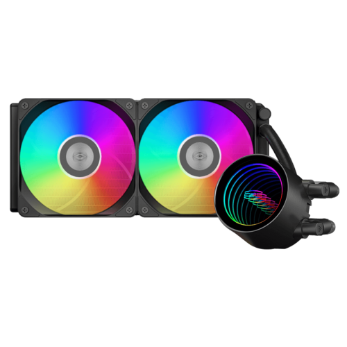 Система охлаждения/ Water Cooling System PCCooler DA240 V2 ARGB BK (270W, 240mm, LED, Black, ARGB/ Fans: 2x120mm, 80.74CFM, 36.5dBA, 2000RPM/ Pump height 54.3mm, 15dBA, 2600RPM, Rad thickness 27mm/ S: 1851, 1700, 1200, 115X, AM5, AM4)