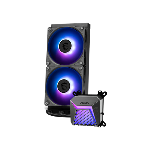 Система жидкостного охлаждения/ Water Cooling System MSI MAG CORELIQUID A15 240 (240W, 240mm, Black, ARGB/ Fans: 2x120mm, 64.89CFM, 28.7dBA, 2050RPM/ Pump 20dBA, 3400RPM, Rad thickness 27mm/ S: 1851, 1700, AM5, AM4)