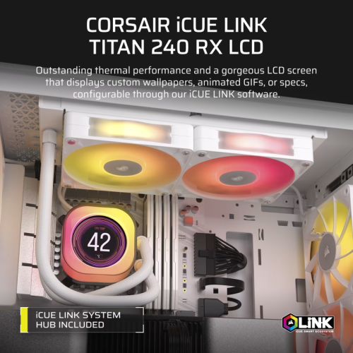 Система жидкостного охлаждения/ Water Cooling System Corsair iCUE LINK TITAN 240 RX LCD (240mm, White, RGB/ Fans: 2x120mm, 73.5CFM, 36dBA, 2100RPM/ S: 1851, 1700, AM5, AM4)