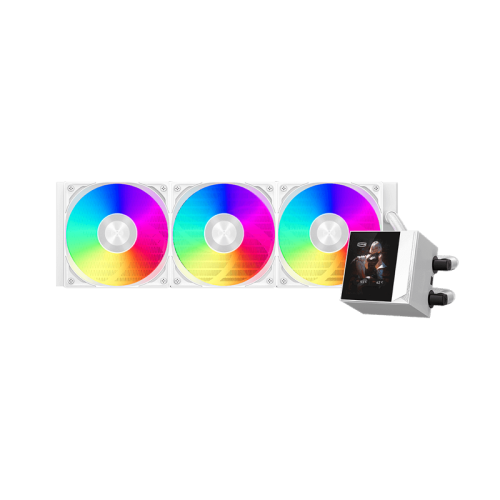 Система охлаждения/ Water Cooling System PCCooler DC360 Pro ARGB Display WH (310W, 360mm, LED, White, ARGB/ Fans: 3x120mm, 90.56CFM, 39.8dBA, 2500RPM/ Pump height 65mm, 15dBA, 2600RPM, Rad thickness 27mm/ S: 1851, 1700, 1200, 115X, AM5, AM4)
