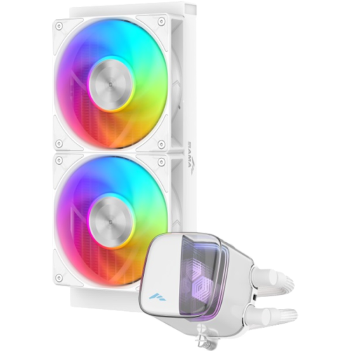 Водяное охлаждение для процессора/ Water Cooling System SAMA L70 240WH (290W, 240mm, White, ARGB/ Fans: 2x120mm, 72.3CFM, 28dBA, 2200RPM/ Pump height 66mm, 3000RPM, Rad thickness 27mm/ S: 1851, 1700, 1200, 115X, AM5, AM4)