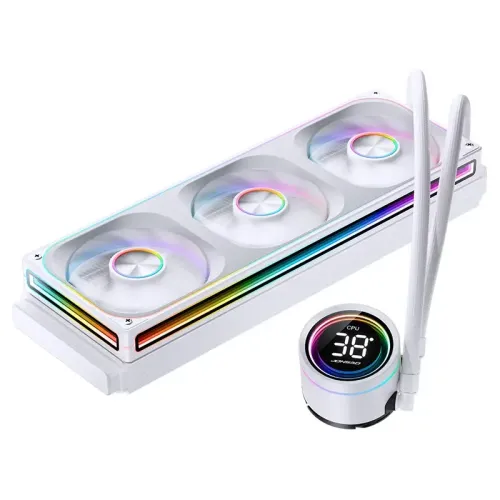 Система жидкостного охлаждения/ Water Cooling System JONSBO TH-360 White (300W, 360mm, LED temp., White, ARGB/ Fans: 3x120mm, 62.4CFM, 37.3dBA, 2400RPM/ Pump height 72mm, 30dBA, 2400RPM, Rad thickness 27mm/ S: 1851, 1700, 1200, 115X, AM5, AM4)