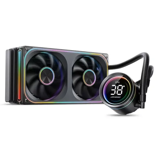 Система жидкостного охлаждения/ Water Cooling System JONSBO TH-240 Black (260W, 240mm, LED temp., Black, ARGB/ Fans: 2x120mm, 62.4CFM, 37.3dBA, 2400RPM/ Pump height 72mm, 30dBA, 2400RPM, Rad thickness 27mm/ S: 1851, 1700, 1200, 115X, AM5, AM4)