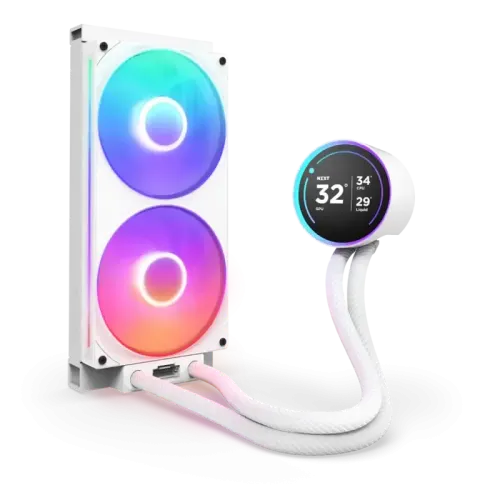 Система жидкостного охлаждения для ПК/ Water Cooling System NZXT Kraken Elite 280 RGB (250W, 280mm, LED temp., White/ Fans: 2x140mm, 98.61CFM, 34.5dBA, 2000RPM/ Pump height 65mm, 2800RPM, Rad thickness 27mm/ S: 1851, 1700, 1200, 115X, AM5, AM4)