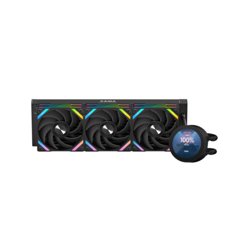 Водяное охлаждение для процессора/ Water Cooling System SAMA Q70 Black (360mm, LED temp., Black, ARGB/ Fans: 3x120mm, 86CFM, 30dBA, 2600RPM/ Pump height 64mm, 30dBA, 2800RPM, Rad thickness 27mm/ S: 1851, 1700, 1200, 20XX, 115X, AM5, AM4)